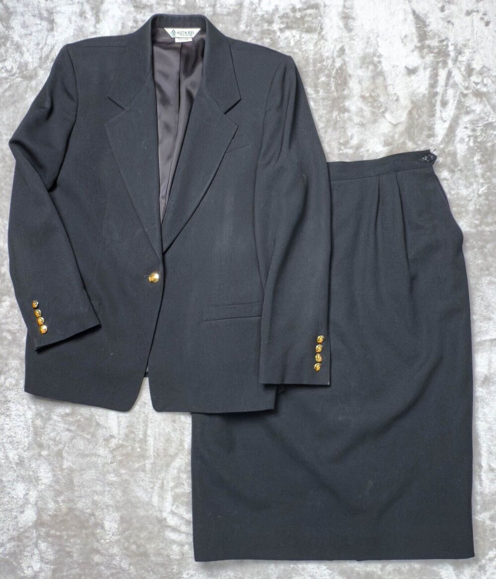 Austin Reed Black Wool Gold Two Button Blazer Matching Skirt Suit Womens 12